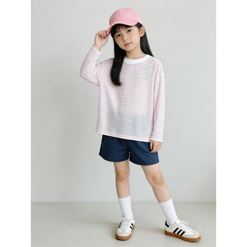 Lyocell listrado protetor solar blusa de manga comprida camiseta crianças verão luz fina camiseta respirável meninas sol