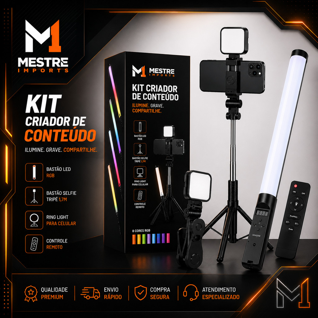 Kit Criador De Conteúdo Para Lives Reels Ring Light Celular Bastão Led Rgb