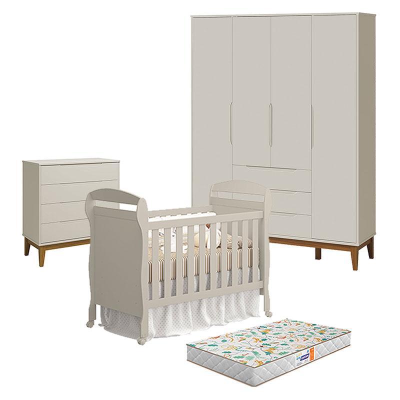 Quarto Bebê 4 Portas com Cômoda Gaveteiro Elfe Classic e Berço Danny Areia Amadeirado com Colchão Gazin - Reller
