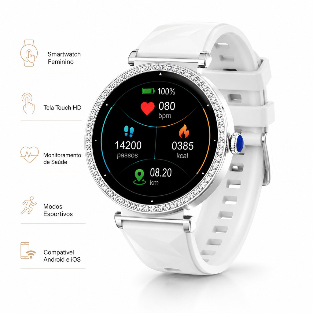 Smartwatch Feminino Redondo com Strass Tela Touch HD Monitor de Saúde Android iOS