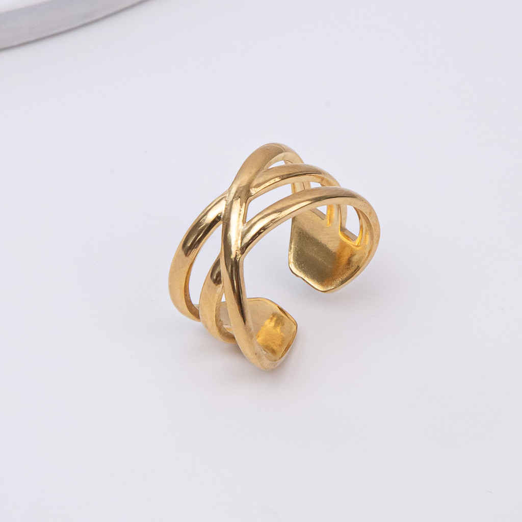 Anel Dourado Regulável Triplo Cruzado Aço Inoxidável Feminino Minimalista Joia Antialérgica Elegante