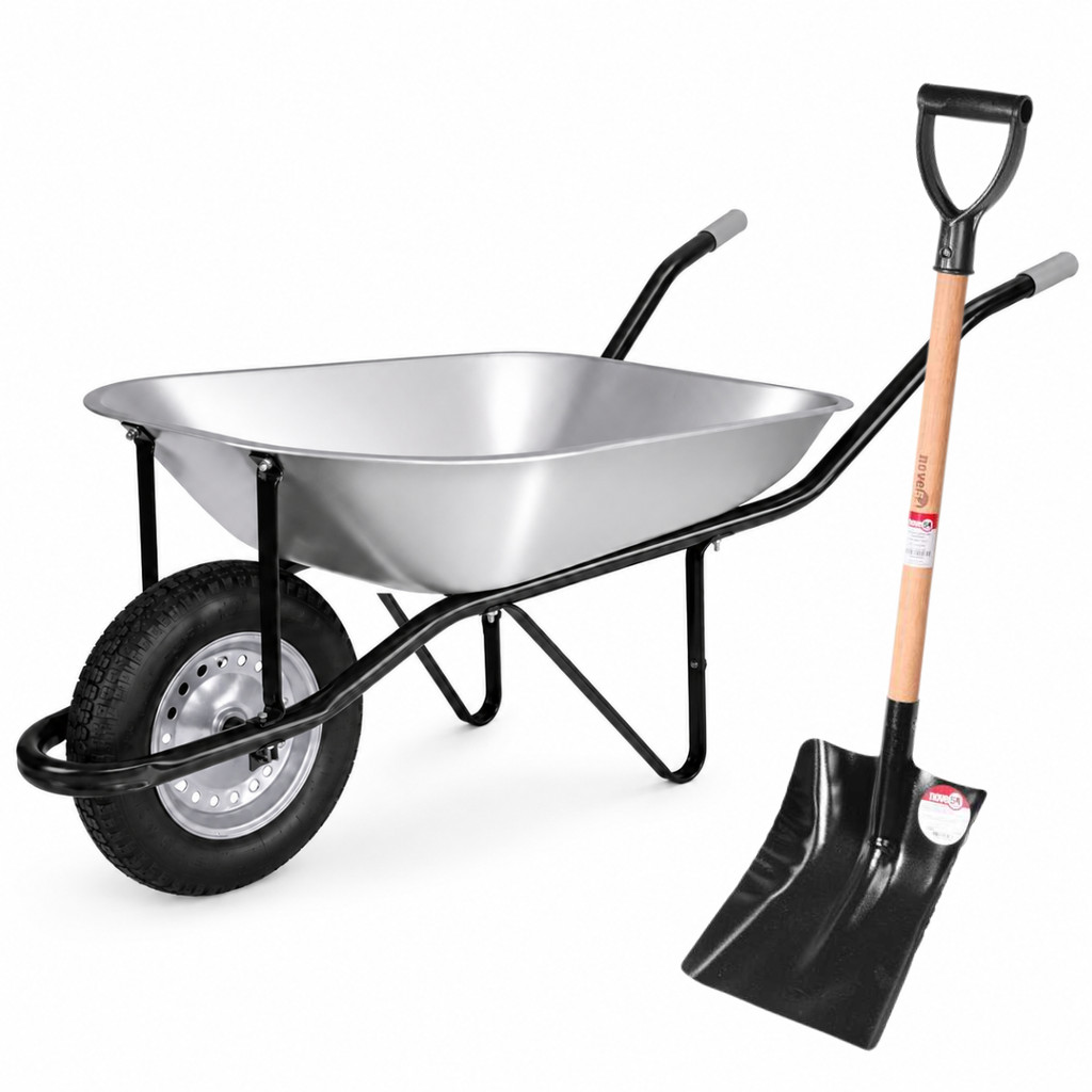 Kit Carrinho de Mão Reforçado 65L Galvanizado Câmara + Pá Quadrada De Obra Pedreiro Construção