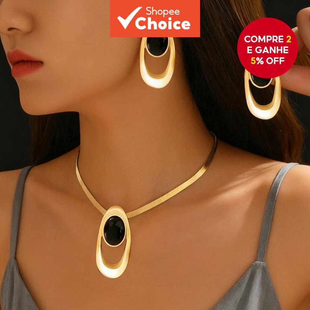 Elegante Geométrico Acrílico Colar Brinco Conjunto 3 Pçs Ouro Assimétrico Oval Preto Jóias De Festa Diária
