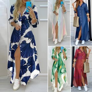 Vestido de Manga Longa, Camisa Solta com Decote em V e Botões, Para Uso Casual no Escritório, Comprimento Longo 9PS7
