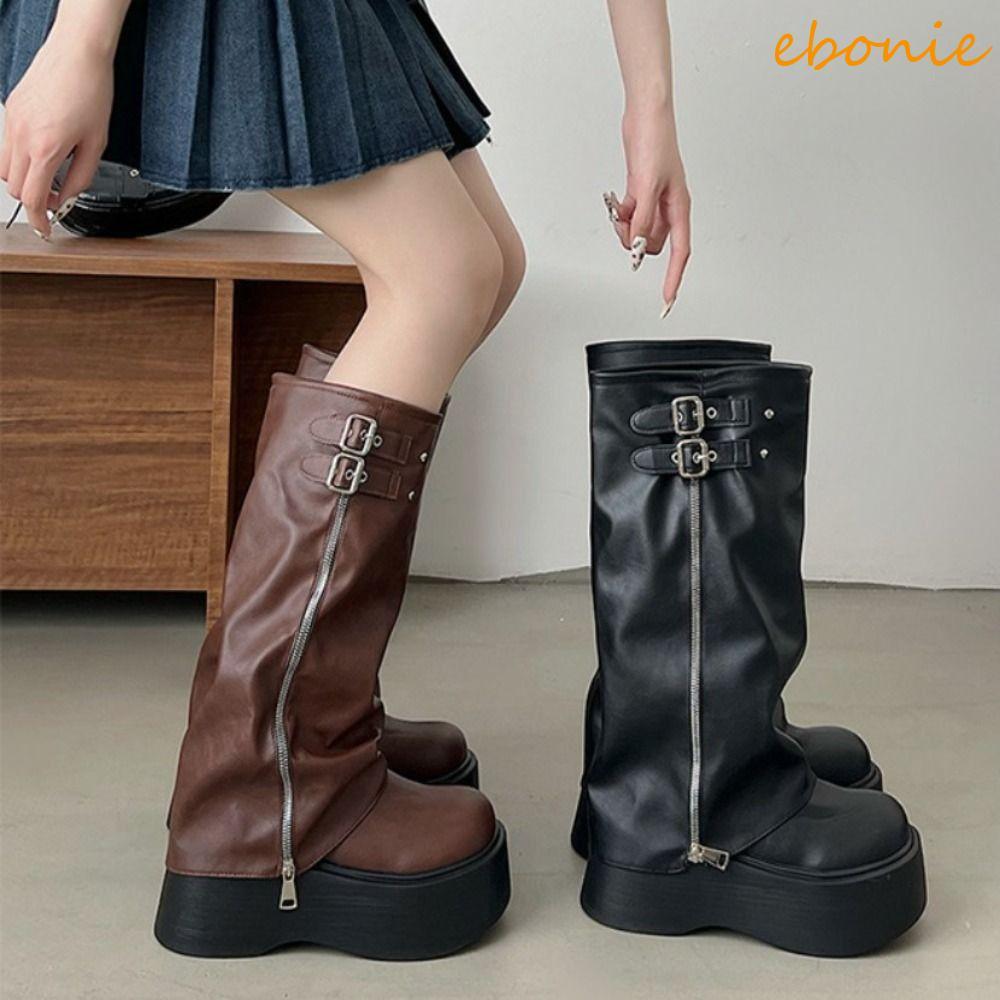 EBONIE Botas Femininas Até O Joelho , De Motociclista Com Plataforma Punk Y2K Casuais Gladiadoras De Cano Longo