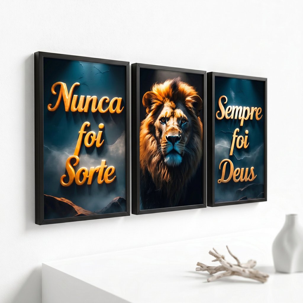Quadros Decorativo Arte Cristã Leão Religioso Frase Fé Nunca Foi Sorte Sempre Foi Deus Sala Quarto
