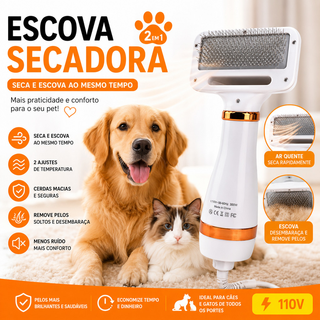 Escova Secadora Pet 2 em 1 Cachorro e Gato Seca e Desembaraça 110V