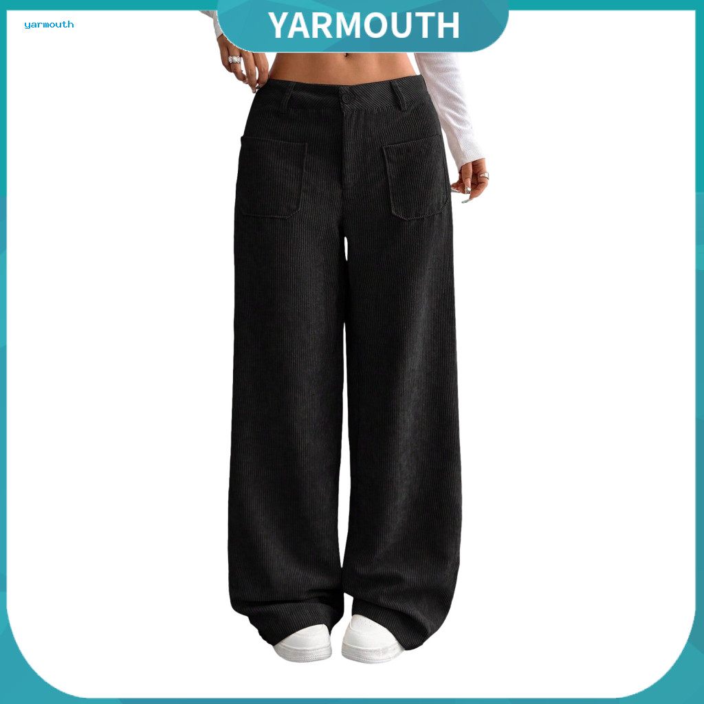 Reinforced Pocket Seams Wide-leg Pants Women’s Low Rise Wide Leg with Zipper Button Fly Ribbed Solid Color Leisure Tro