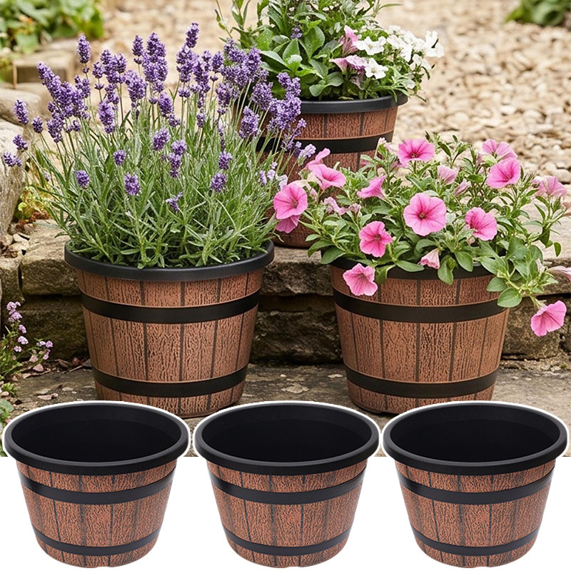 Vaso De Flores De Imitação De Barril De Madeira De 3-1 Unidade-Decoração De Quintal De Jardim-Engrossar , Plástico-Vasos