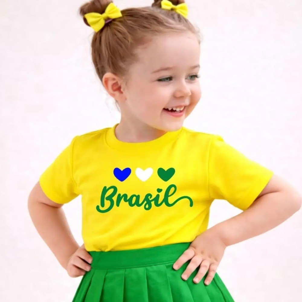 Camiseta Infantil 100% Algodão c\ Estampa do Brasil copa do mundo 2026 look fofo para meninas