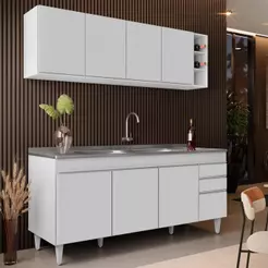 Armário Aéreo Nevada e Balcão Gabinete 180cm Com Pia Dallas Branco - Lumil