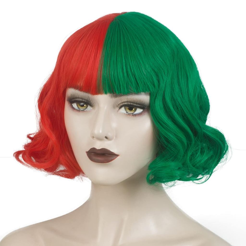 Peruca WeKen Verde e Vermelha para Mulheres, Curta, Ondulada, Meio Vermelha e Meio Verde com Franja, Peruca para Cosplay