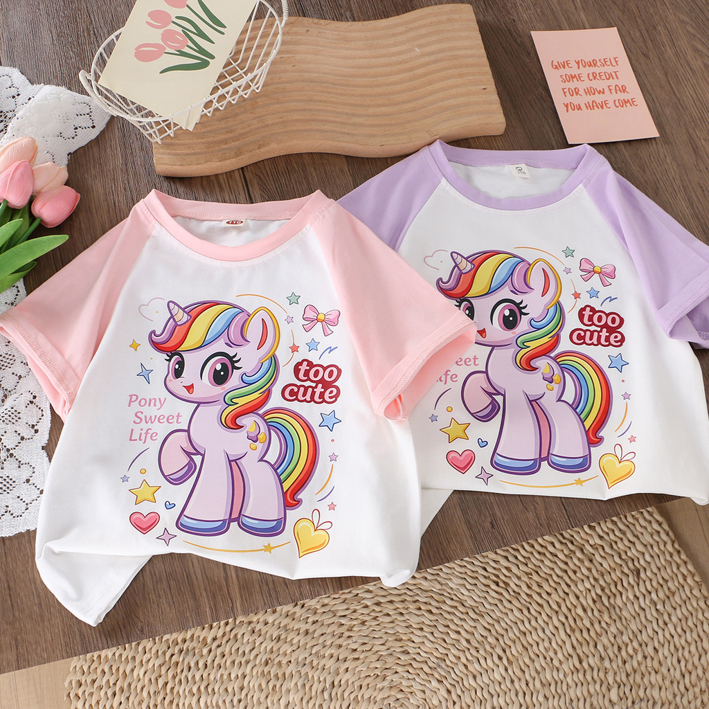 Estilo dos desenhos animados unicórnio impressão crianças camiseta de manga curta verão novo estilo menina contraste cor
