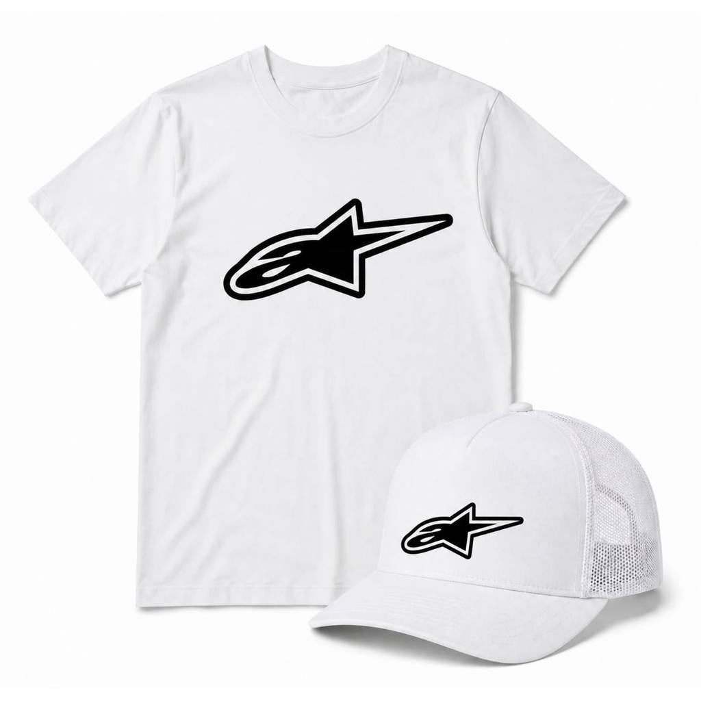 Kit Camiseta + Bone Alpinestars 100% Algodão P ao G3 Streetwear Motoqueiro Plus Size Masculino Feminino Preto Branco