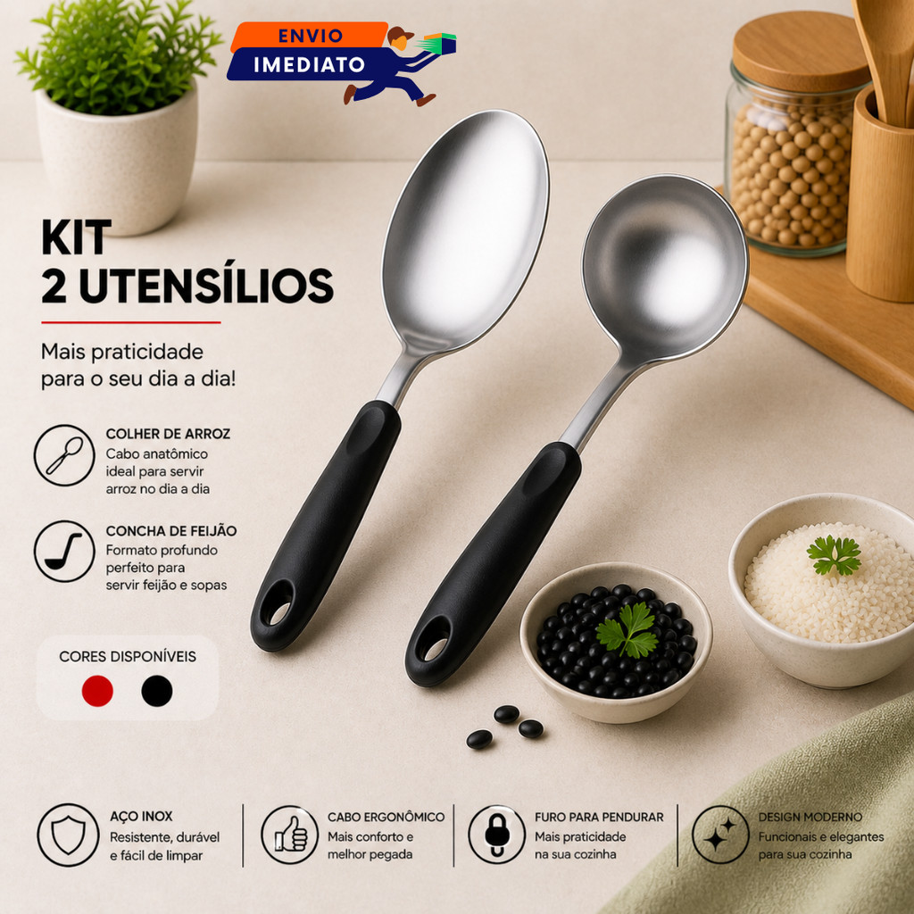 Colher de Arroz e Concha Inox Cabo Silicone Vermelho Preto