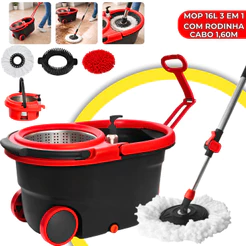 Mop Profissional 3 em 1 Inox 16L Com Rodinha Balde 360º Giratório com Alça Extensível Esfregão