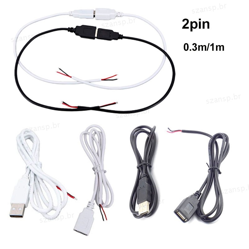 2pin 5V USB 2.0 Macho Fêmea Jack Conector Cabo De Extensão De Alimentação Preto Branco 0.3m 1m Para Acessórios De Comput