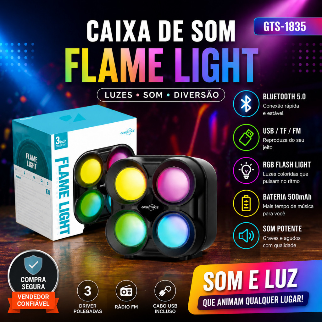 Caixa de Som Bluetooth RGB GTS-1835 Flame Light USB TF FM Portátil com Luz LED Colorida