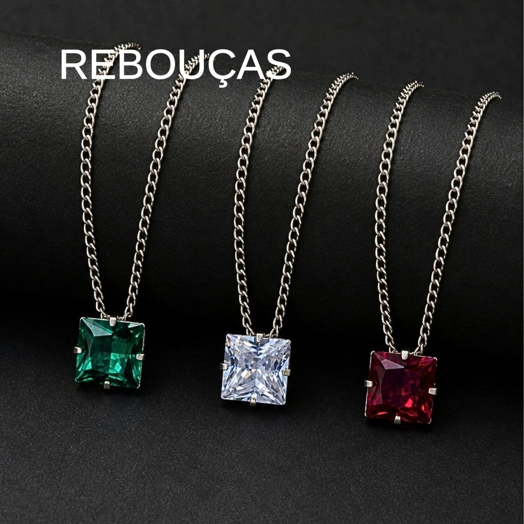 Colar com Pingente Zircônia Strass Preto Azul Verde Aço Inox Presente Correntinha Corrente Cordão Masculino Não Escurece