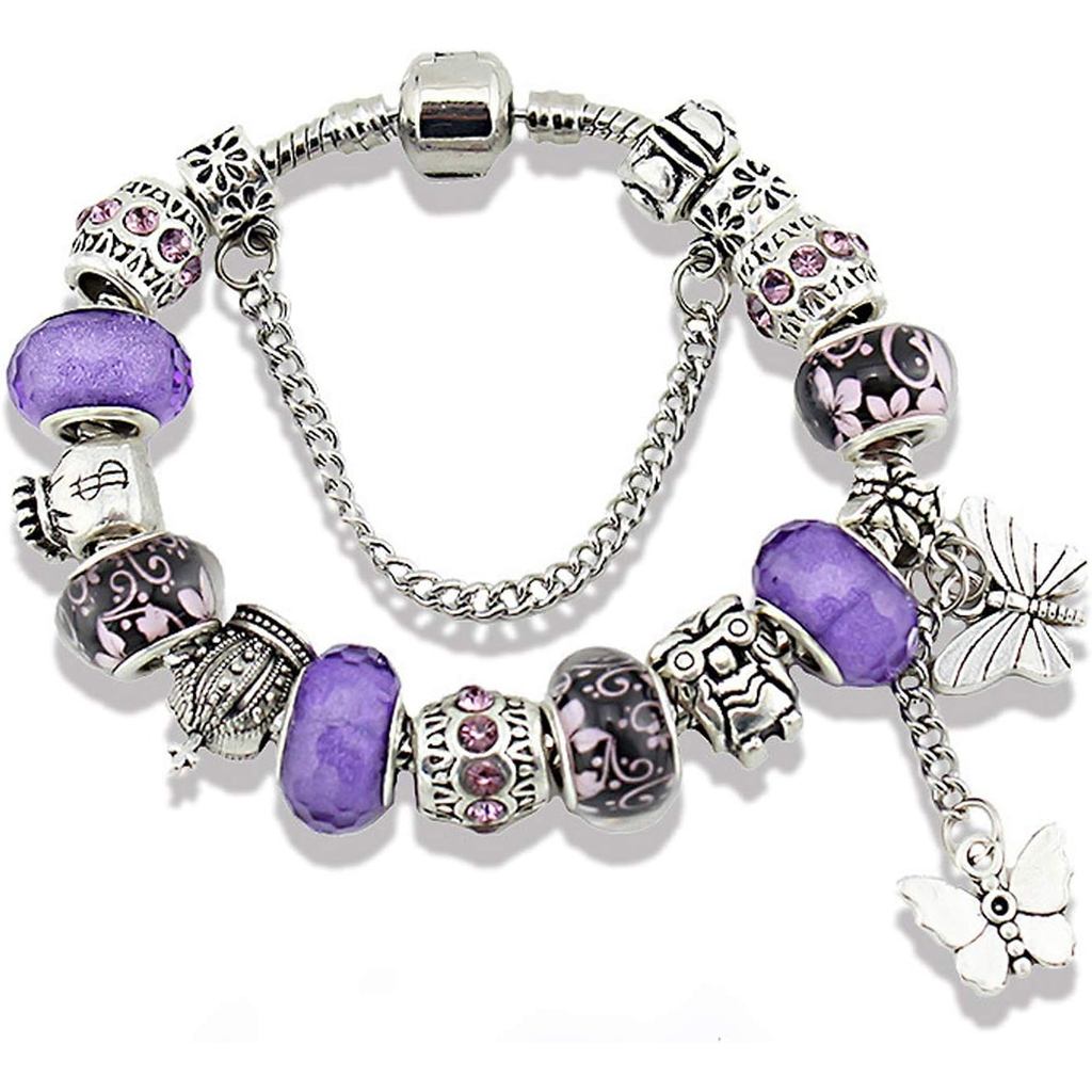 Pulseira com Charms de Borboleta para Mulheres, Contas de Vidro Murano, Charms de Flor DIY, Presentes de Aniversário
