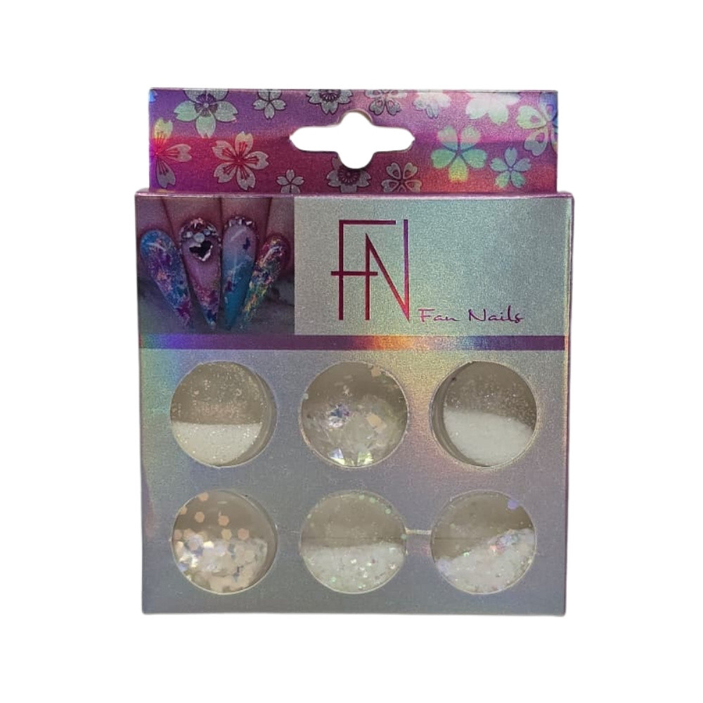 Kit 6 Potes Glitter Branco Nail Art - Fan Nails