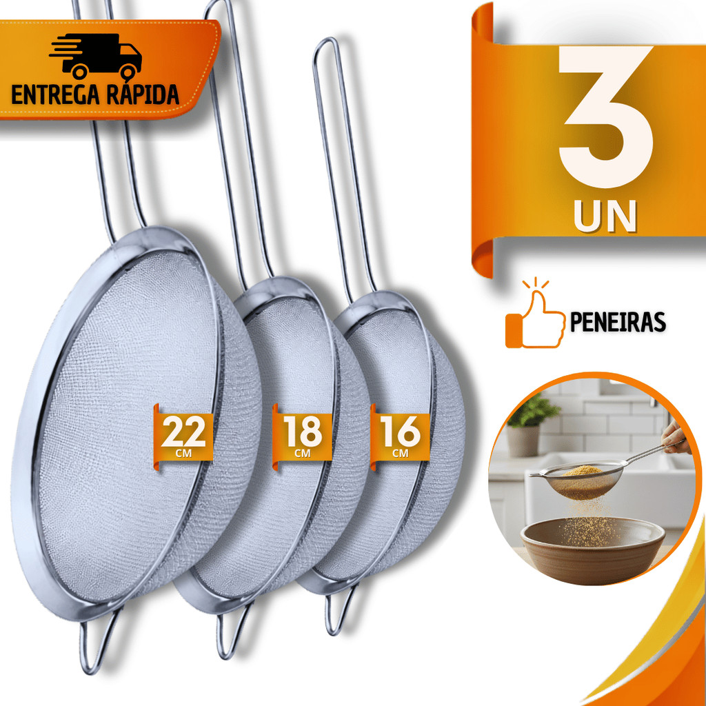 Utilidade  para confeitaria jogo  Peneiras Aço Inox Coador 22/18/16cm Farinhas Suco Molhos Confeitaria Cozinha Multiuso