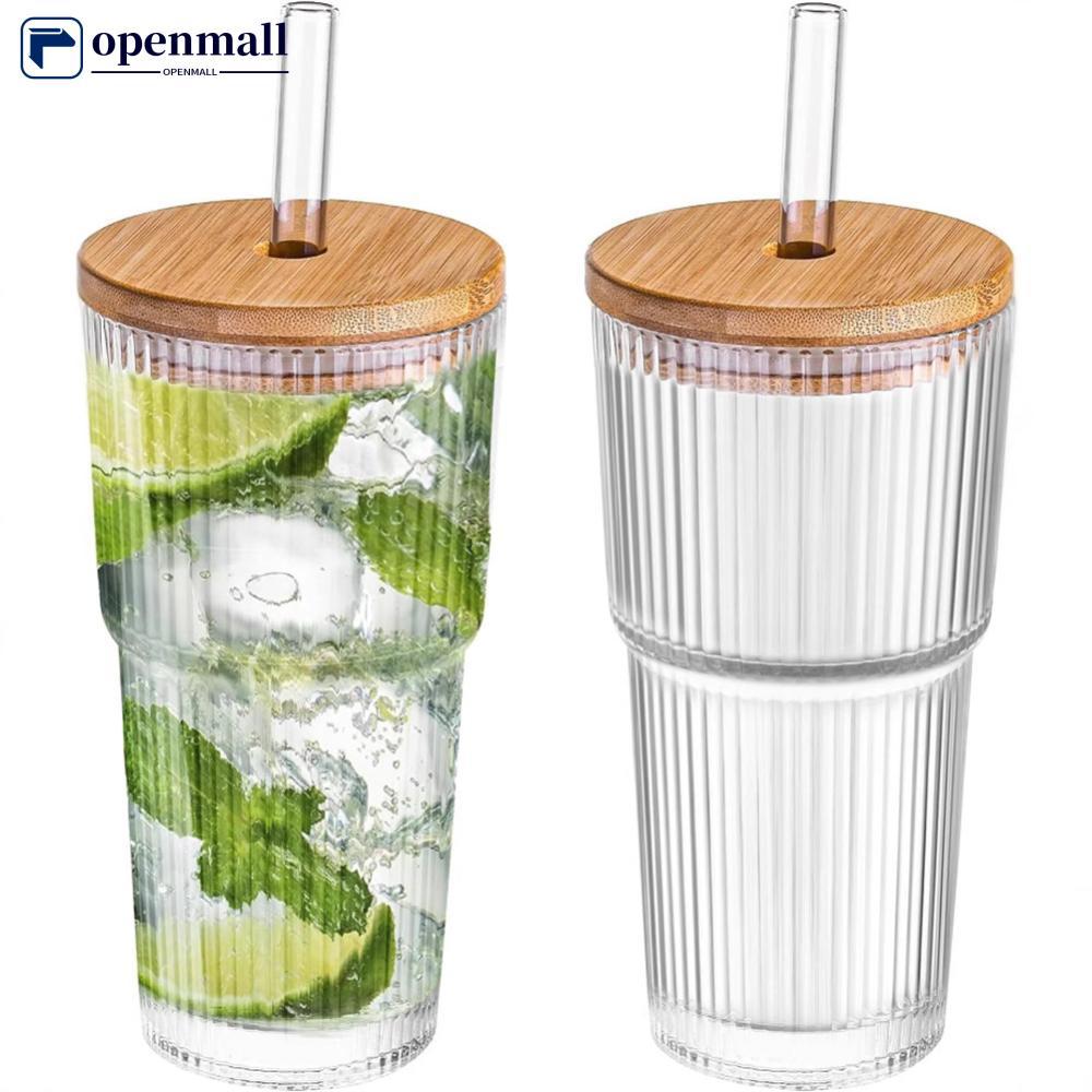 Copo De Vidro Borossilicato De 20 Onças Com Tampa E Canudo Listras Verticais Para Suco De Café Gelado , Smoothie , Garra