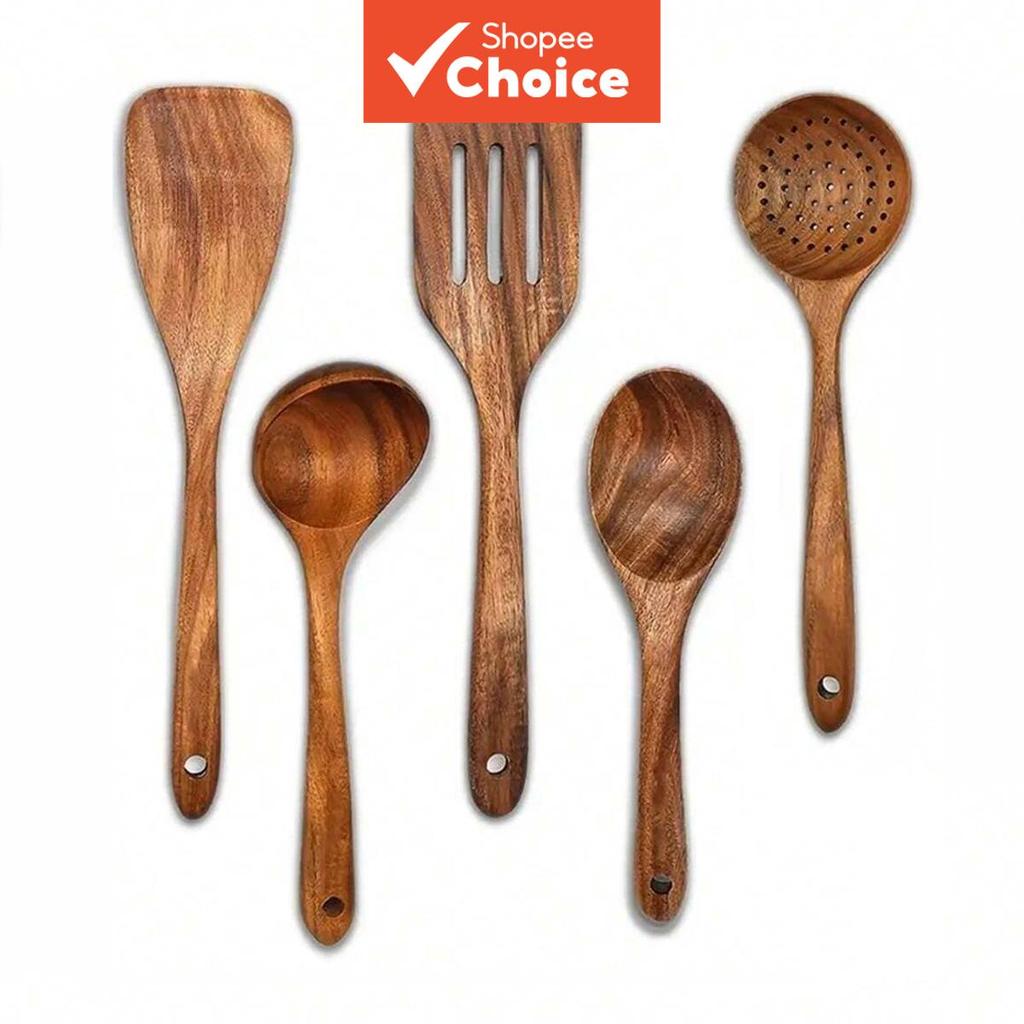 Conjunto De Utensílios De Madeira Premium , Talheres Anti-Riscos De 5 Unidades Cabem Em Panelas Antiaderentes , Preparaç