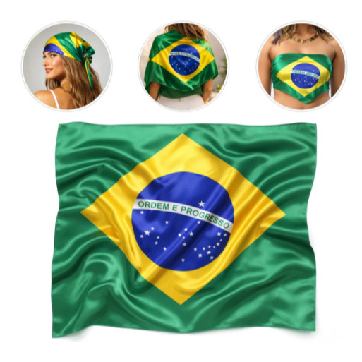 KIT 3  Lenço Cetim Bandana Cachecol Seda 90x90cm Look Fashion Feminino Multiuso Bandeira do Brasil Bandana