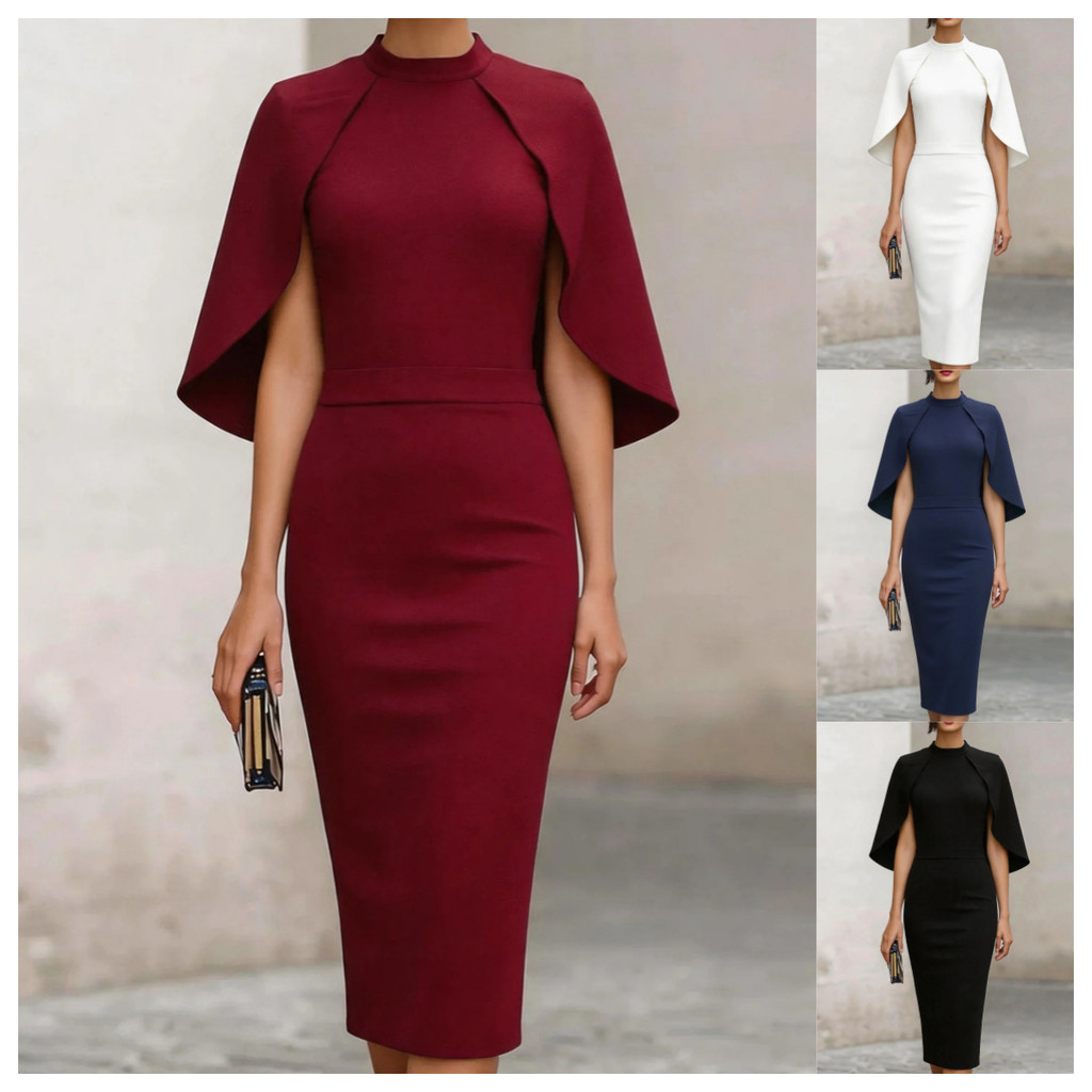 Vestido De Banquete Feminino Manga Capa Fino Ajuste Comprimento Midi Elegante Festa Noite Formal