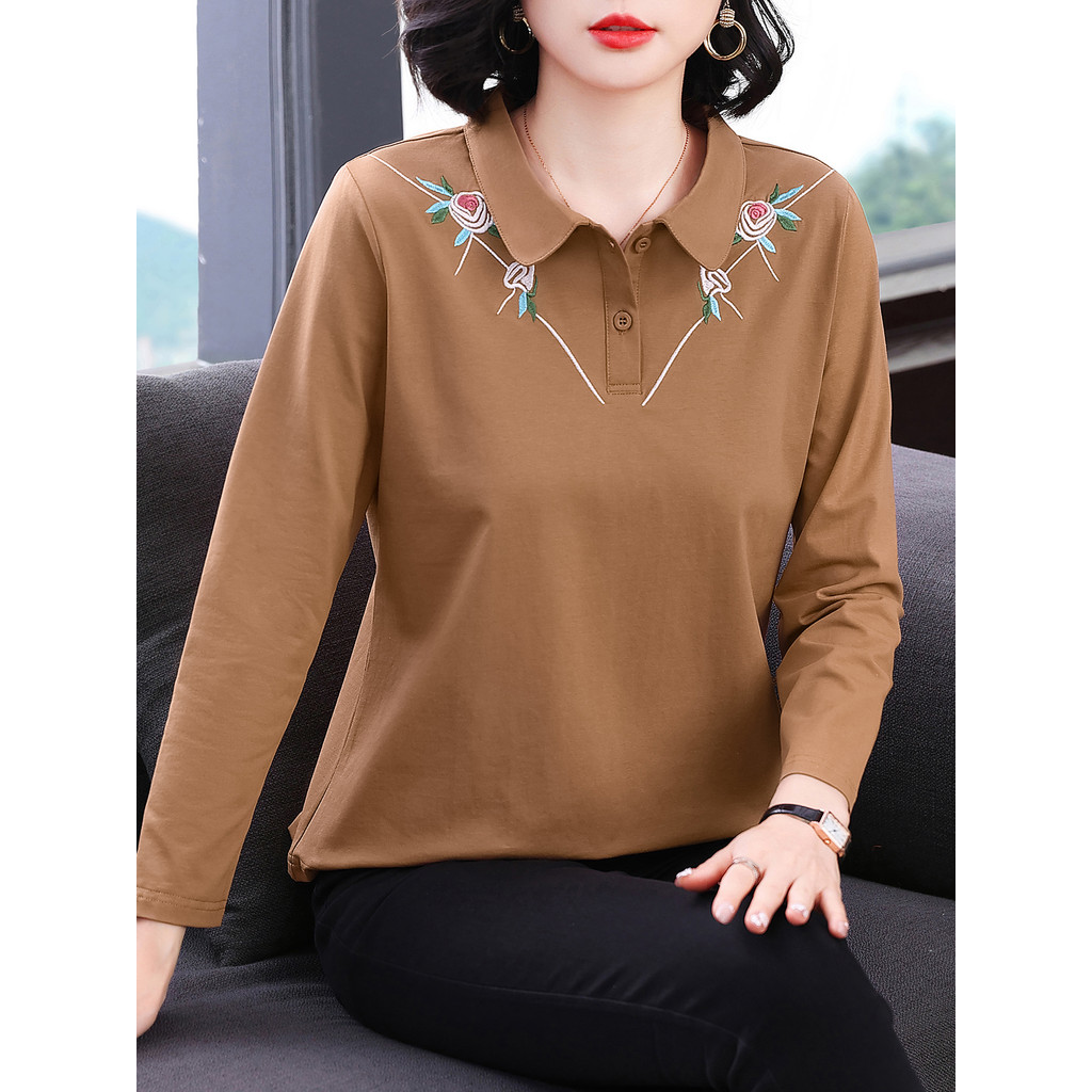 Camiseta feminina de manga comprida de algodão puro 2026 novo estilo roupas de outono roupa externa roupas de mãe idosa