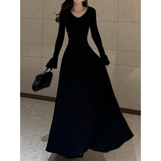 Hepburn estilo temperamento com decote em V vestido de manga comprida feminino outono inverno High-End mais magro olhar 