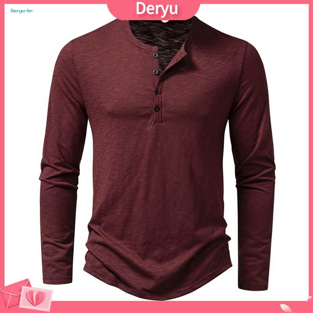 Lightweight Men T-shirt Breathable Tops Men's Long Sleeve Half Placket Button Pullover Solid Color Loose Fit Tee for Tra