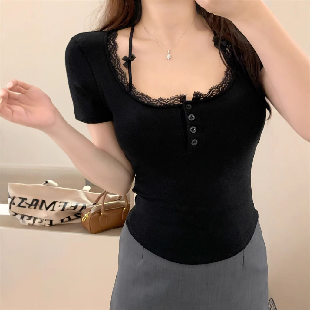 Camiseta Cropped Feminina de Modal com Detalhes em Renda – Top de Manga Curta Slim Fit, Estilo Francês Doce e Sexy para