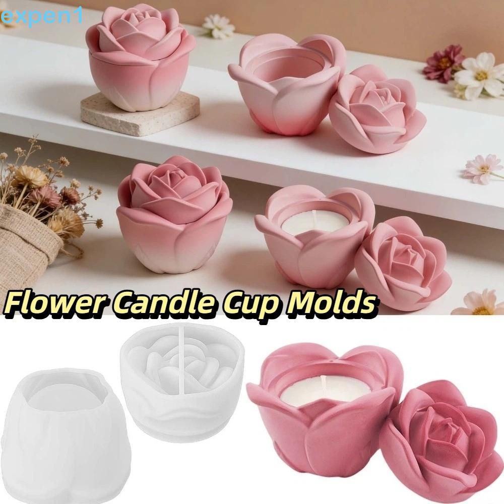 Moldes De Flor Rosa EXPEN , Com Tampa , Copo De Vela De Silicone Jarra De Armazenamento Artesanais Antiaderentes