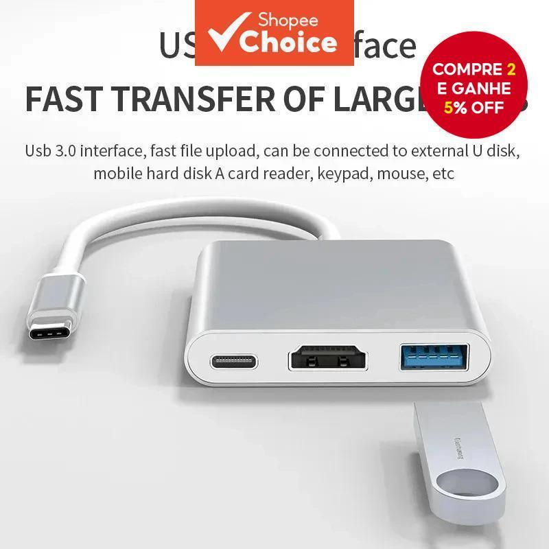 Hub USB C 3 em 1 Tipo-C 4K HD compatível com HDMI Cabo divisor de carregamento PD para laptop conector PC