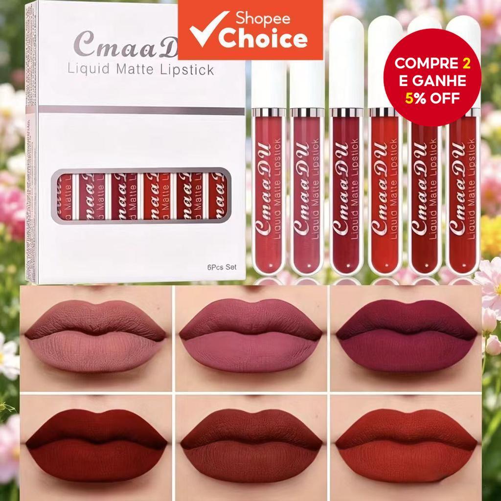 CmaaDU Conjunto de Batom Líquido Fosco 6 Peças, Longa Duração, À Prova D'Água, Brilho Labial, Kit de Tinta Labial