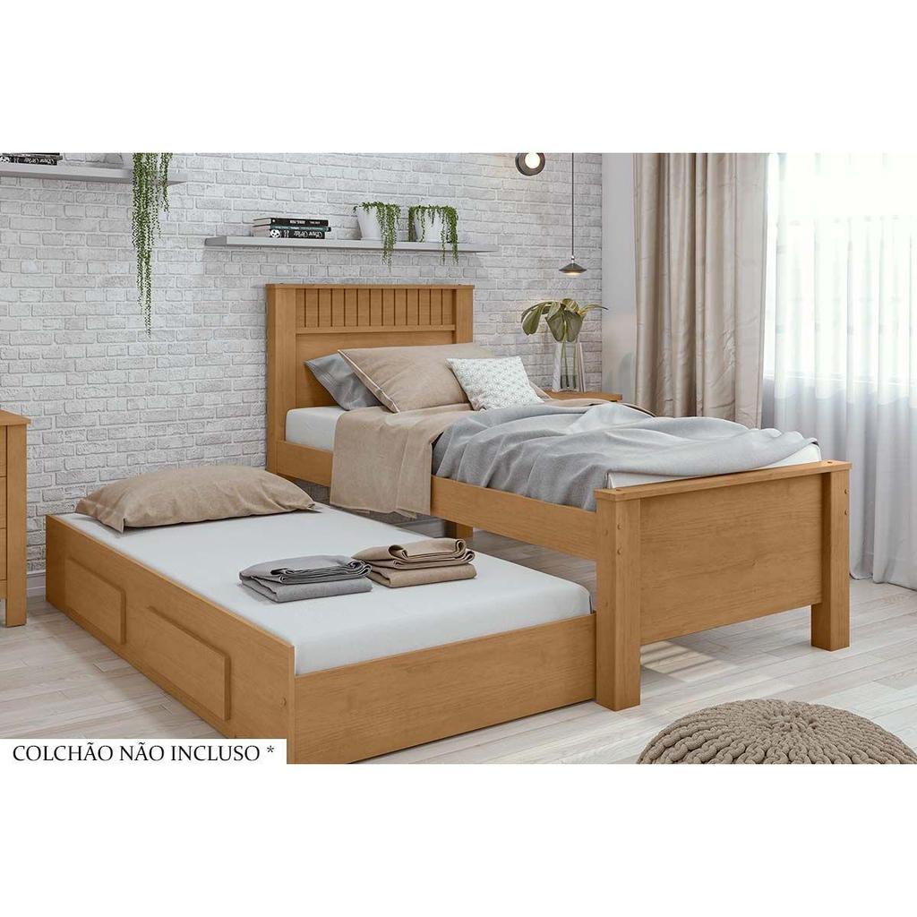 Cama Solteiro Athenas c/ 2 Gavetas e Auxiliar Amendoa/Off White-Amendoa - Lopas
