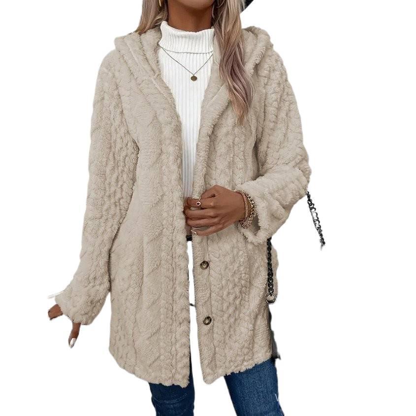 Cardigã Feminino com Capuz, Cor Sólida, Botões, Manga Longa XJN