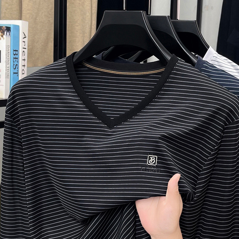 Primavera outono com decote em V listrado manga comprida camiseta masculina mercerizado algodão coração-pescoço camiseta