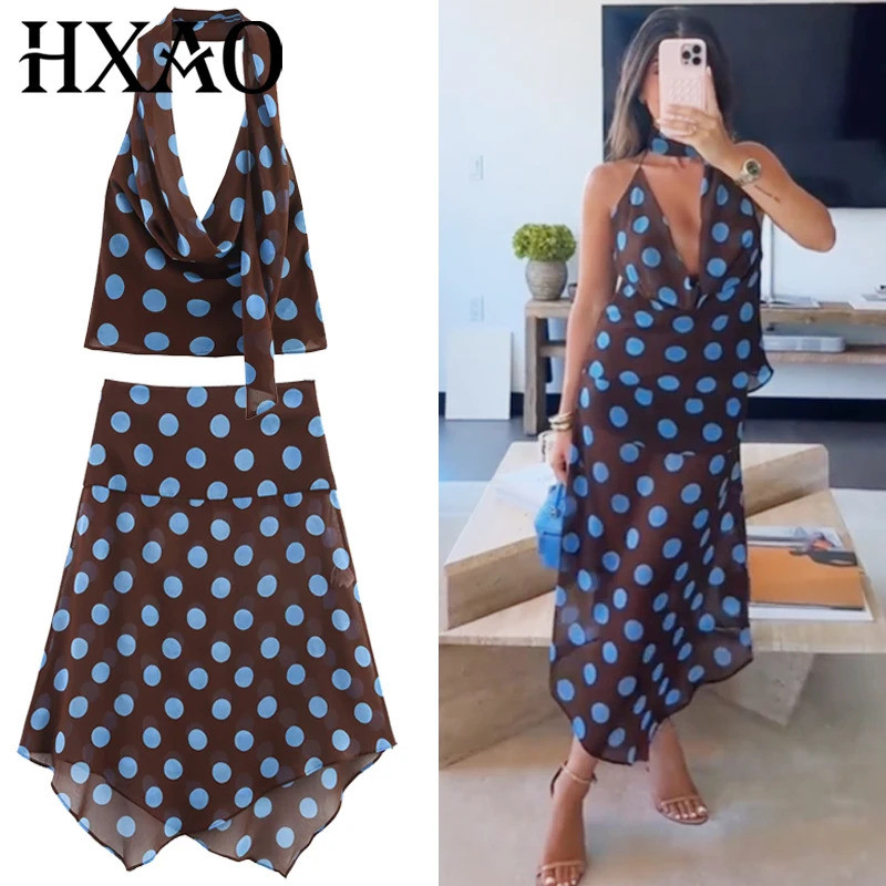Conjunto de Saia de Chiffon com Bolinhas HXAO para Mulheres, Conjunto de Duas Peças com Top Halter e Lenço, Saia Assimét