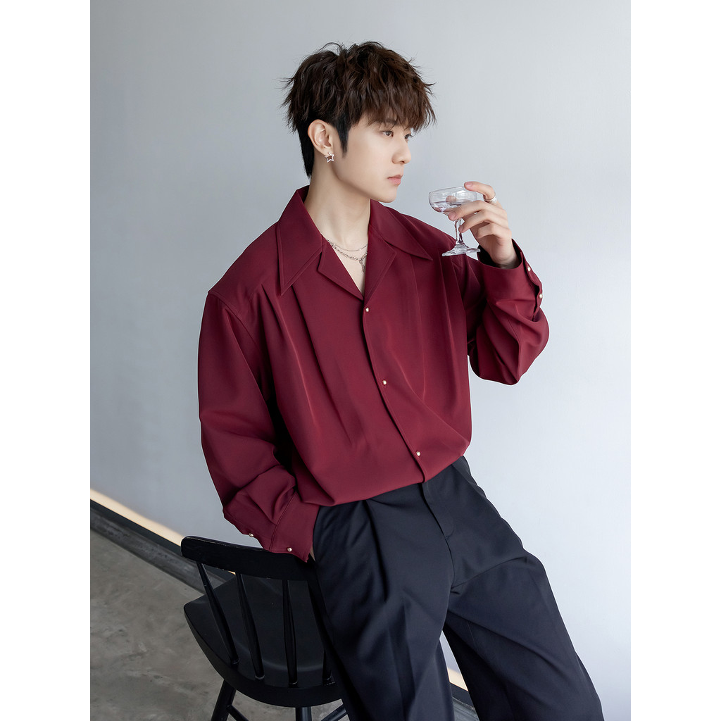 CHICERRO Sicilian Roupas Masculinas Extravagantes Luz Luxo Gola Cubana Manga Comprida Camisa Borgonha Roupas Masculinas