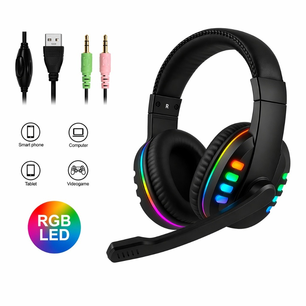 Fone De Ouvido Gamer Led RGB Com Microfone USB E P2 Para PC , Computador , Videogame Dezdedez