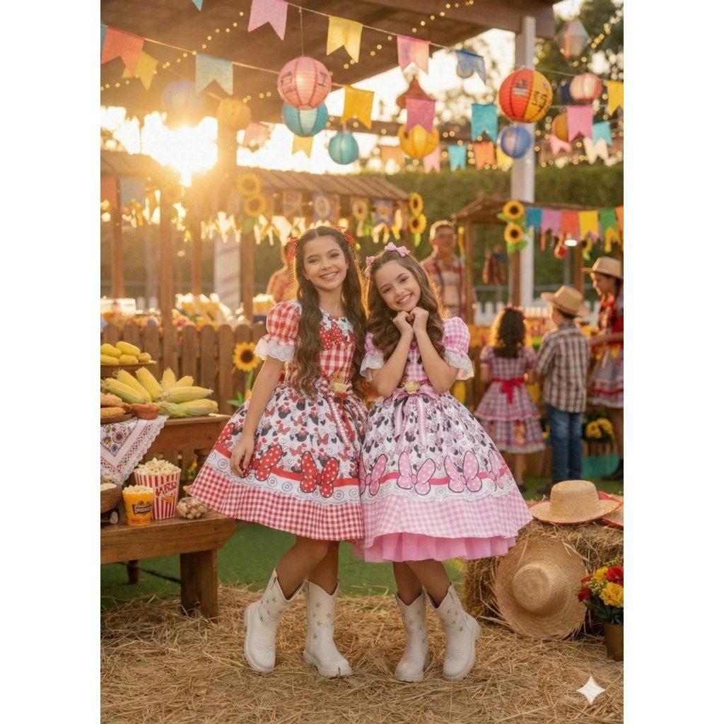 Vestido Junino Tematico Luxo Minnie/Minei + Saiote