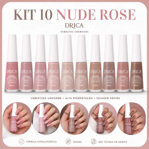 Kit 10 Esmaltes Cores Tons Nude e Rosa - Drica