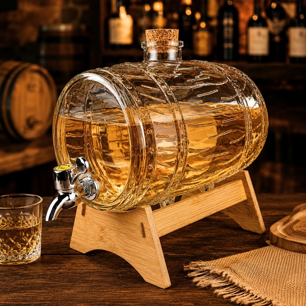 Barril para Cachaça Vidro 3L c/ Torneira e Suporte Madeira