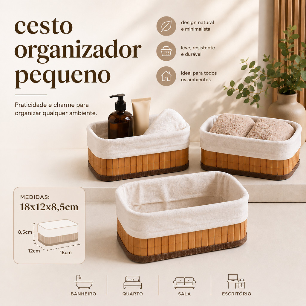Cesto Organizador Bambu Retangular PEQUENO 18X12 Multiuso com Forro Banheiro Lavanderia Decoração Cosmeticos