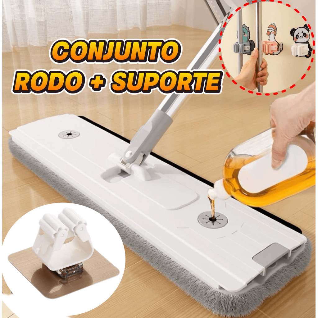 Kit Mop Esfregão Plano + Suporte de Parede, Telescópico 360°, Lazy Flat Rodo, Sem Furação, Limpeza Doméstica