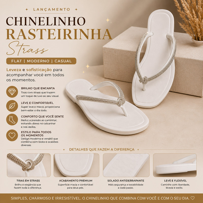Chinelinho Feminino Rasteirinha Sandalia Sem Salto Tiras Strass Flat Moderno Casual Leve Confortavel