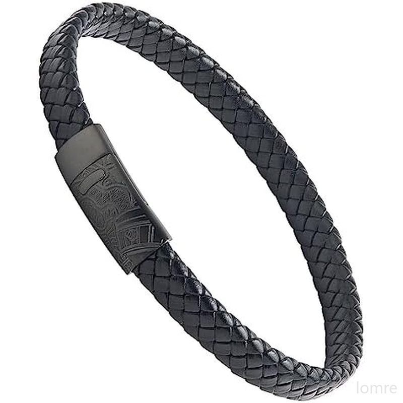 Forja & amp ; Pulseira Masculina Trançada De Couro Entrelaçado Genuíno Da Foundry Com Fecho De Aço Inoxidável Gravado Pe
